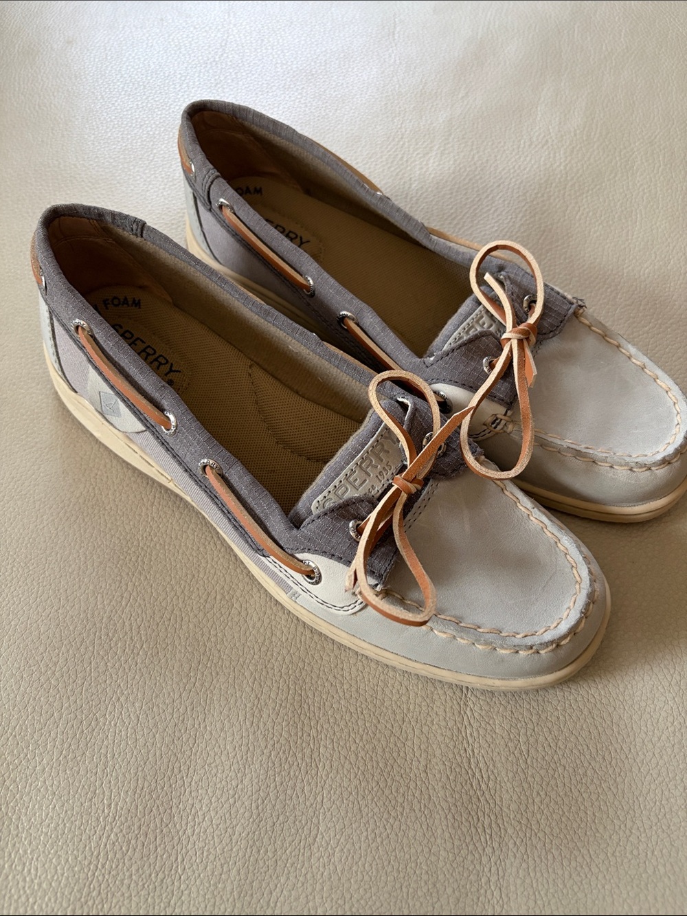 Sperry Two-Tone Leather and Canvas Boat Shoes in Gray and Tan